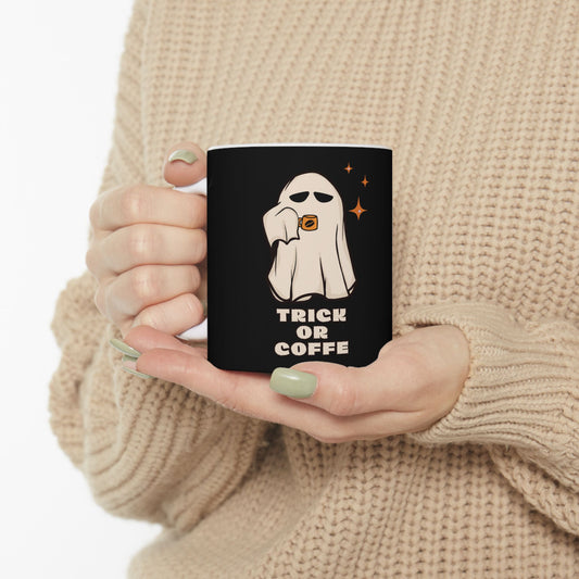 Ghostly Trick or Coffee Ceramic Mug - SpookyHalloween Mug, Coffee Cup, Halloween Gift, Fun Drinkware, Black & White Mug