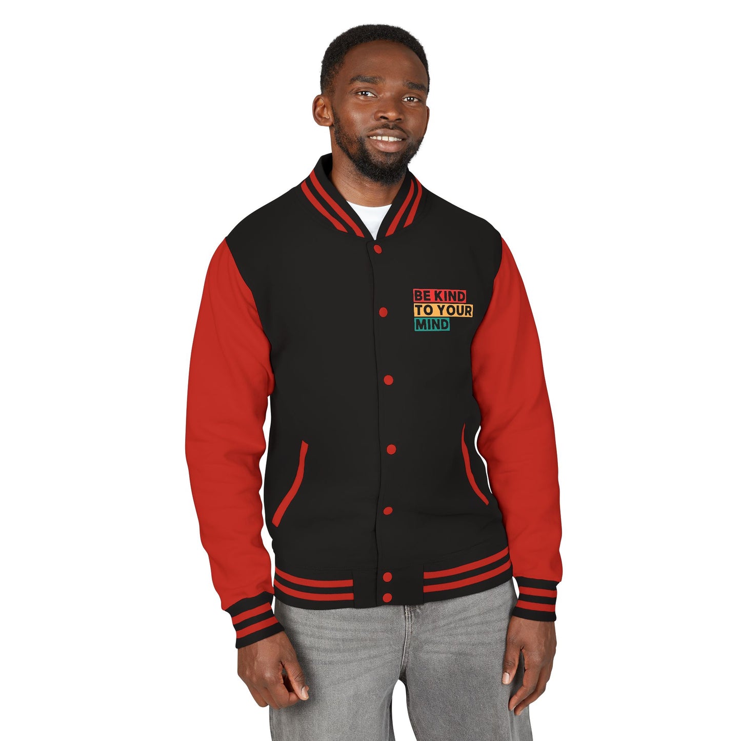 Unisex Heavyweight Letterman Jacket - Be Kind To Your Mind, Gift for Friends, Casual Wear, Sports Events, Everyday Style