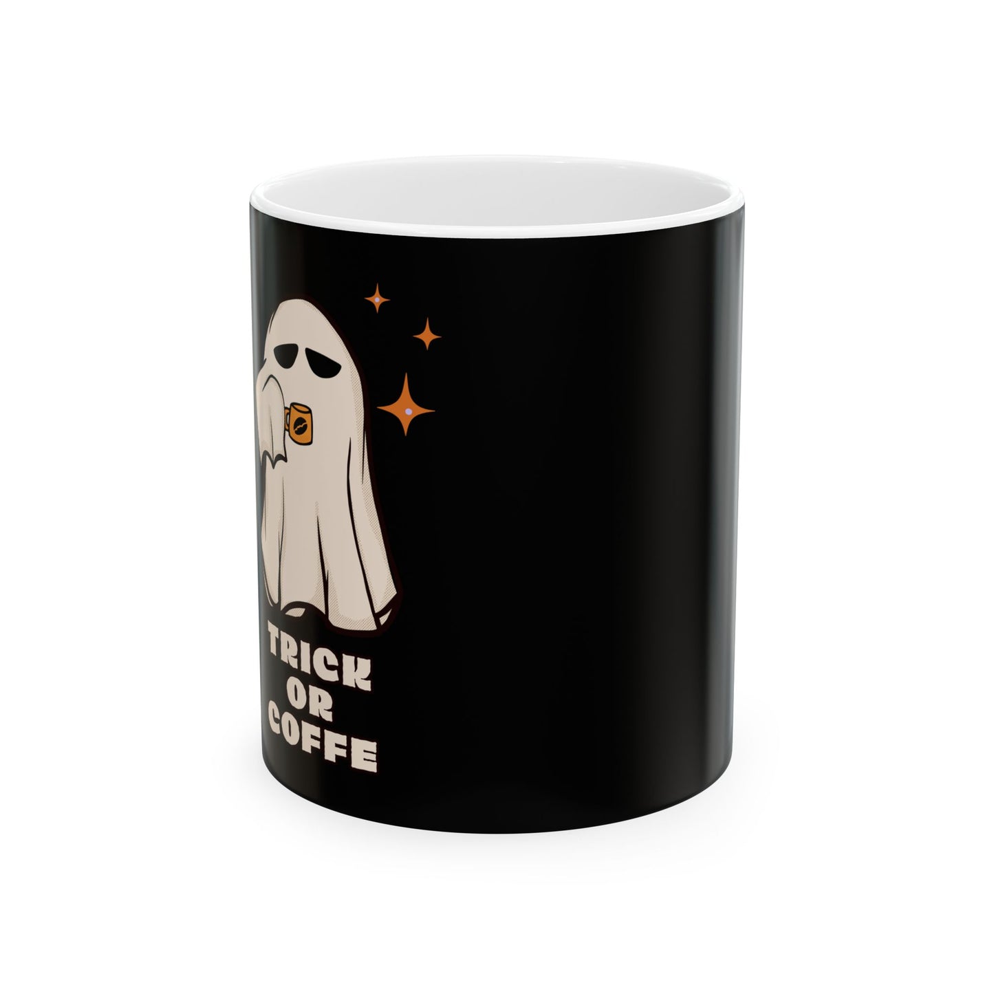 Ghostly Trick or Coffee Ceramic Mug - SpookyHalloween Mug, Coffee Cup, Halloween Gift, Fun Drinkware, Black & White Mug