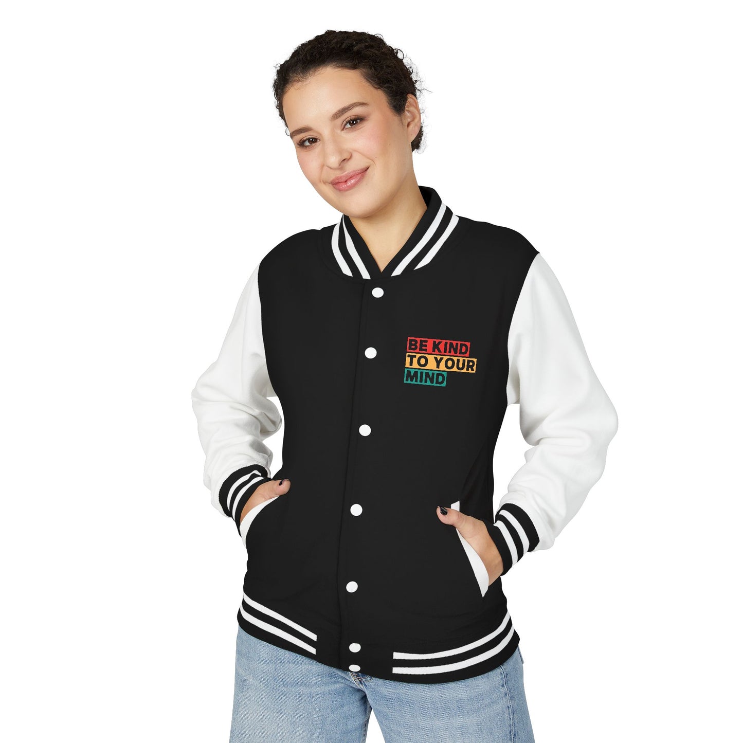 Unisex Heavyweight Letterman Jacket - Be Kind To Your Mind, Gift for Friends, Casual Wear, Sports Events, Everyday Style