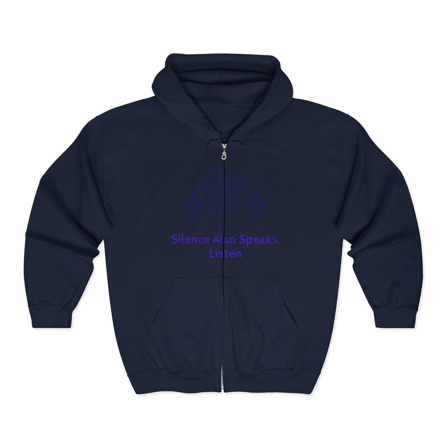 Mindfulness Zip-Up Hoodie with Lotus Design - "Silence Also Speaks, Listen"