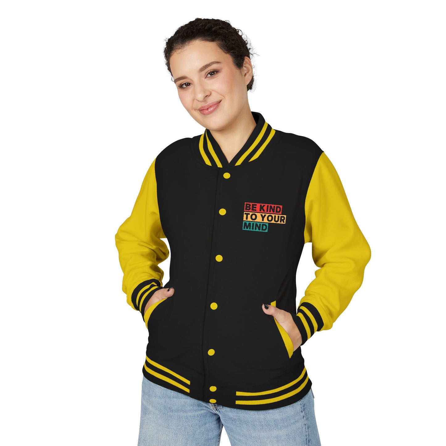 Unisex Heavyweight Letterman Jacket - Be Kind To Your Mind, Gift for Friends, Casual Wear, Sports Events, Everyday Style