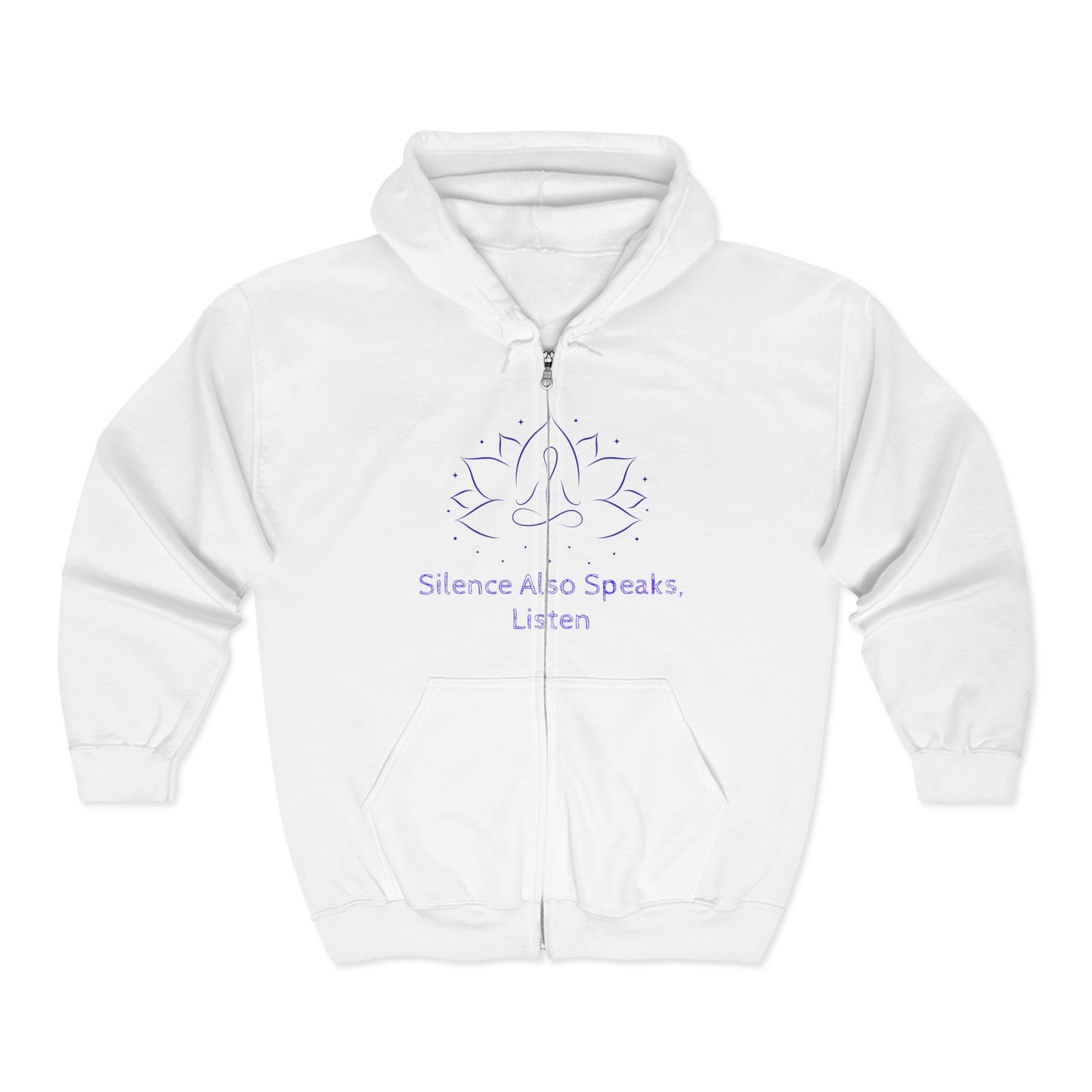 Mindfulness Zip-Up Hoodie with Lotus Design - "Silence Also Speaks, Listen"