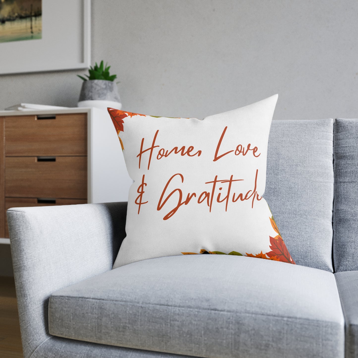 Home Love & Gratitude Square Pillow | Cozy Home Decor, Fall Accent Cushion, Gift for Friends & Family, Autumn Decor