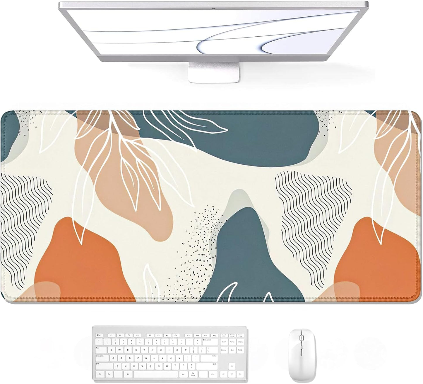 Desk Pad, XL Extended Large Gaming Mouse Pad 31.5 X 11.8 Inch, Waterproof Mousepad with Stitched Edge, Non-Slip Computer Keyboard Laptop Mat for Women Men Office Work, Teal Tropical Leaves
