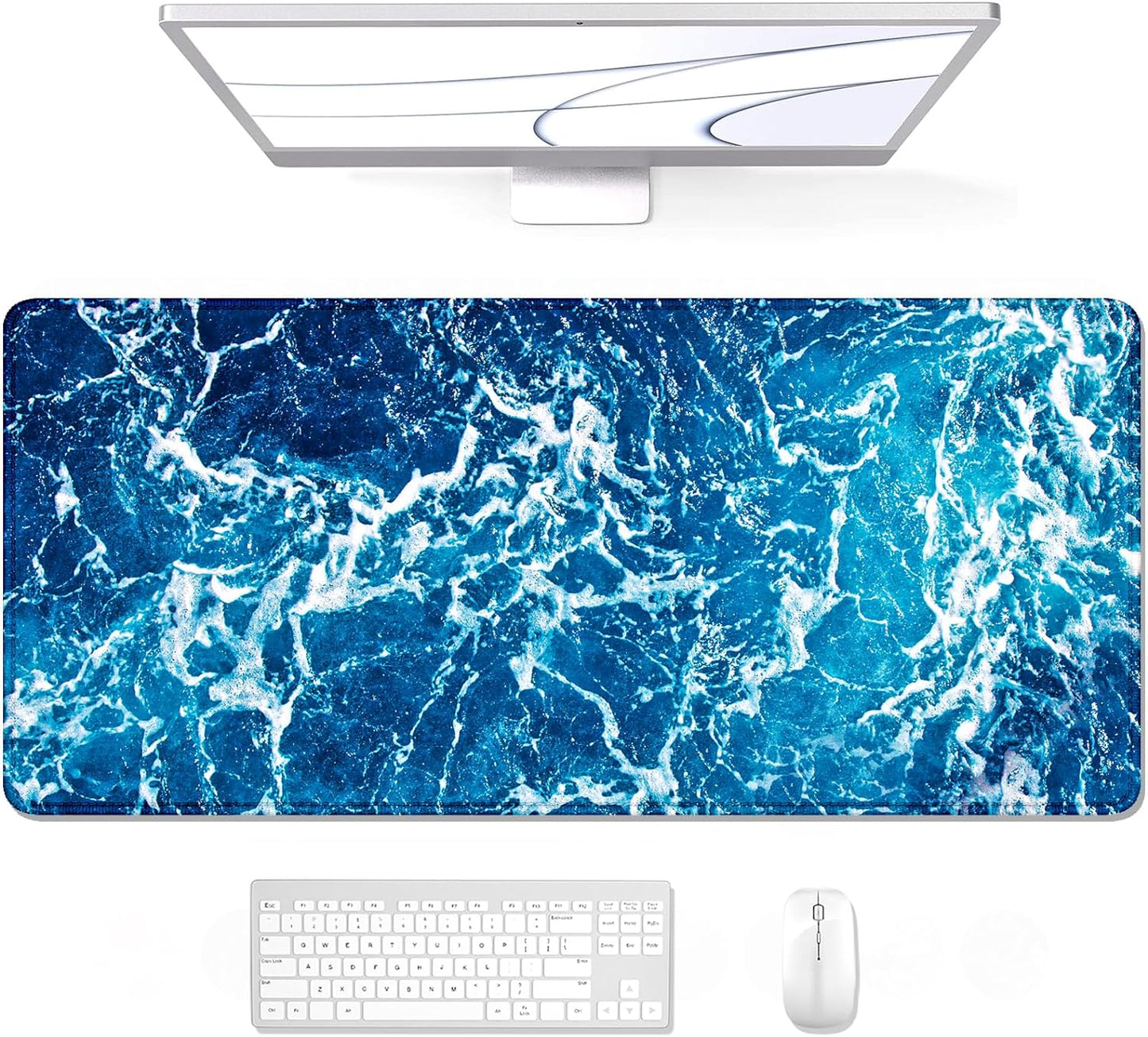 Desk Pad, XL Extended Large Gaming Mouse Pad 31.5 X 11.8 Inch, Waterproof Mousepad with Stitched Edge, Non-Slip Computer Keyboard Laptop Mat for Women Men Office Work, Teal Tropical Leaves