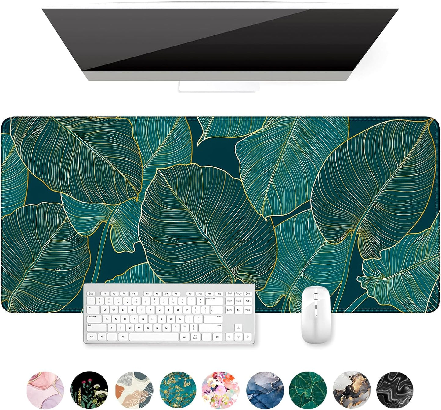 Desk Pad, XL Extended Large Gaming Mouse Pad 31.5 X 11.8 Inch, Waterproof Mousepad with Stitched Edge, Non-Slip Computer Keyboard Laptop Mat for Women Men Office Work, Teal Tropical Leaves