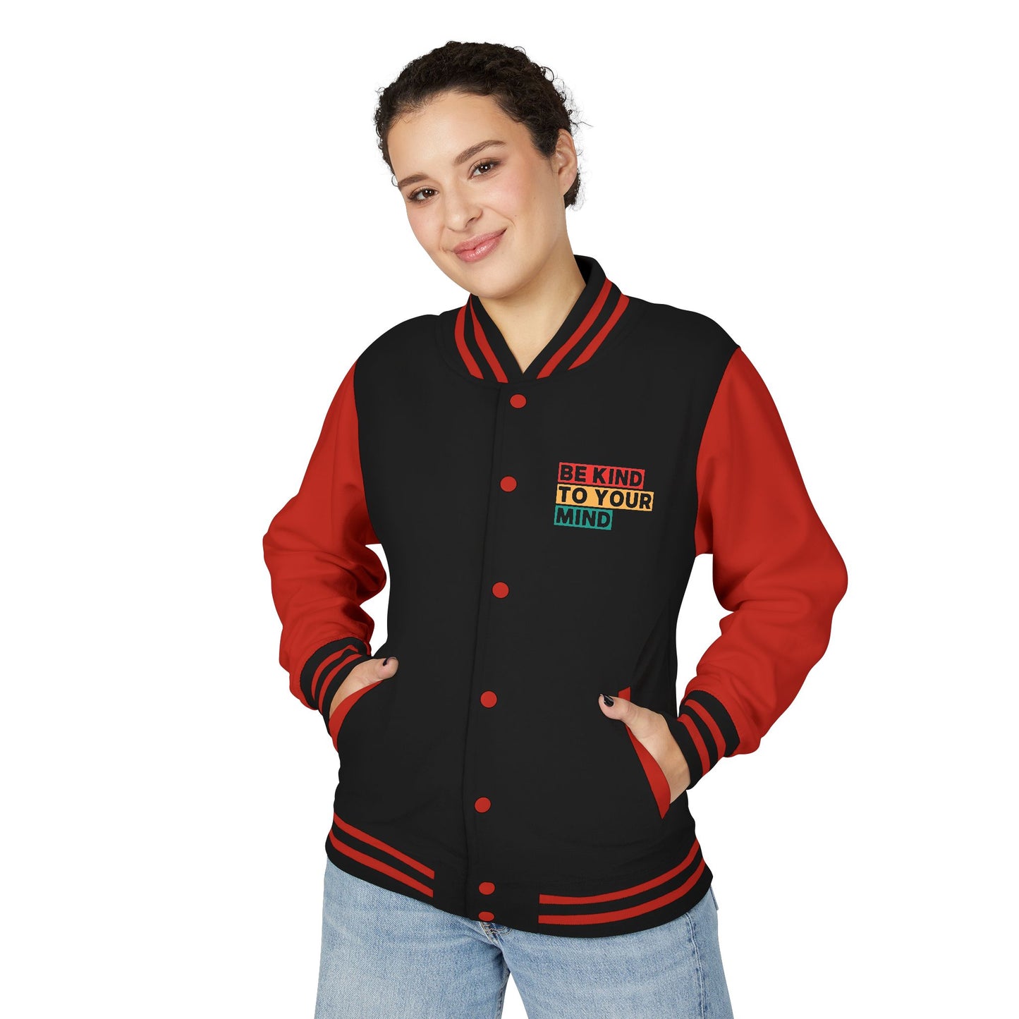 Unisex Heavyweight Letterman Jacket - Be Kind To Your Mind, Gift for Friends, Casual Wear, Sports Events, Everyday Style