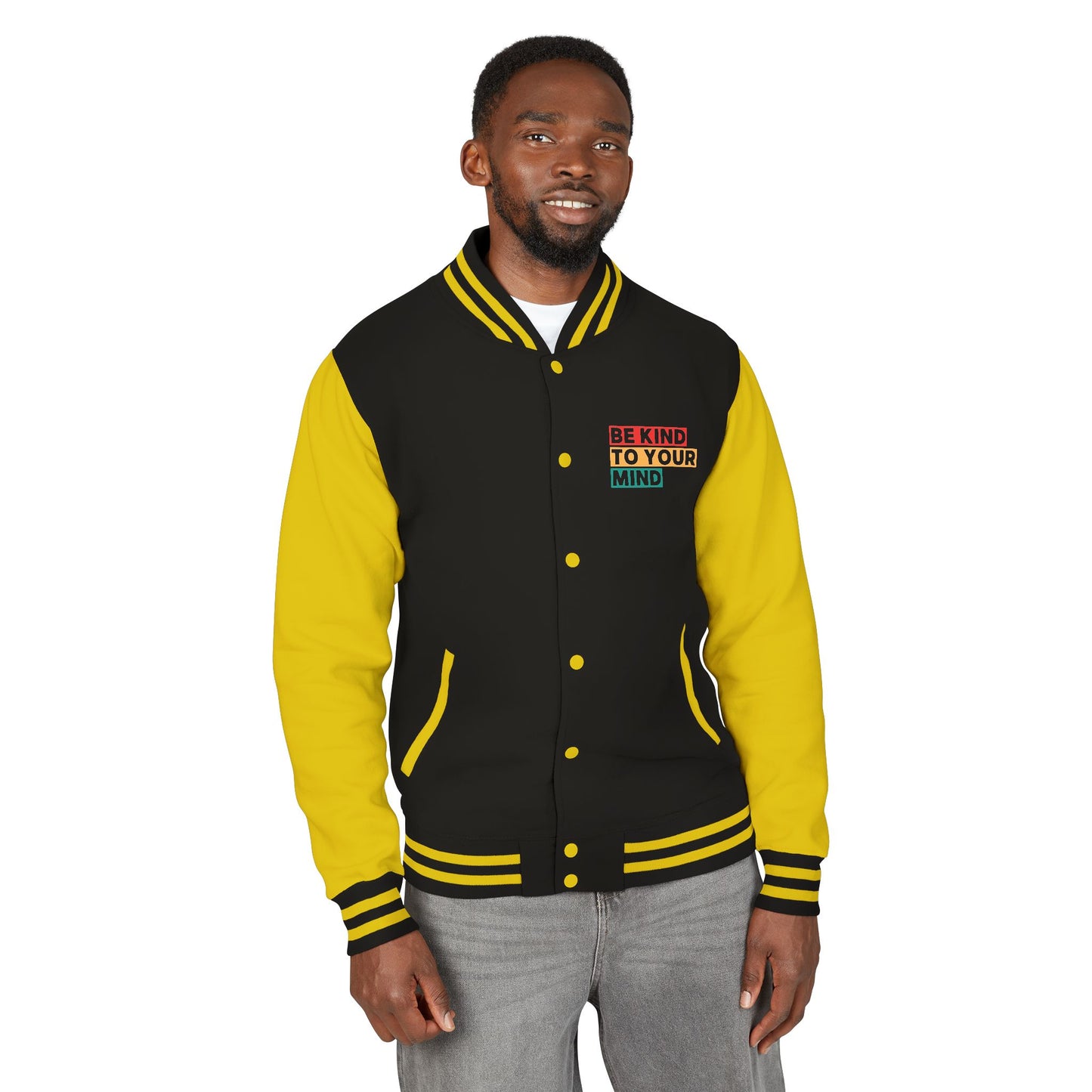 Unisex Heavyweight Letterman Jacket - Be Kind To Your Mind, Gift for Friends, Casual Wear, Sports Events, Everyday Style