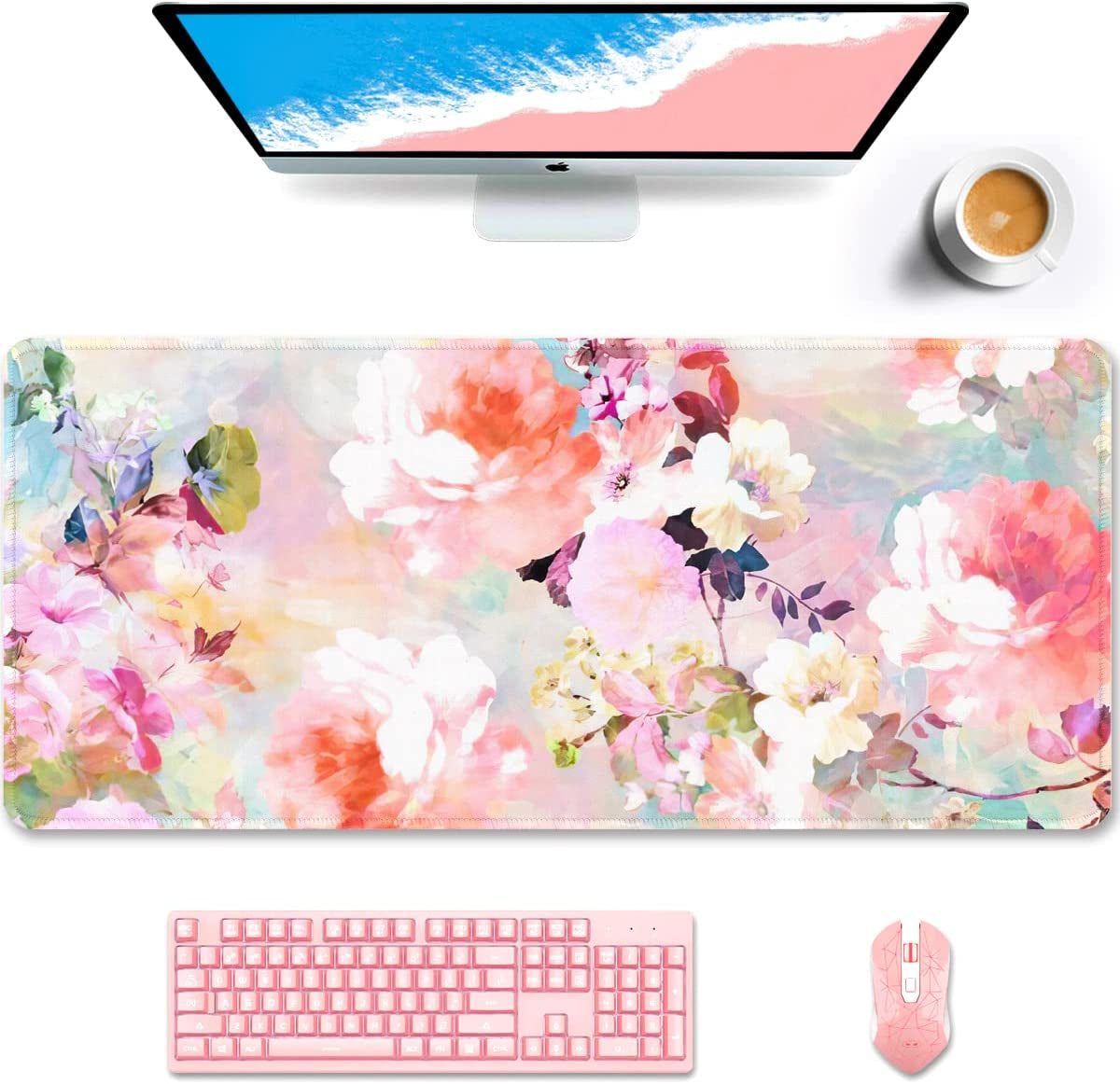 Desk Pad, XL Extended Large Gaming Mouse Pad 31.5 X 11.8 Inch, Waterproof Mousepad with Stitched Edge, Non-Slip Computer Keyboard Laptop Mat for Women Men Office Work, Teal Tropical Leaves