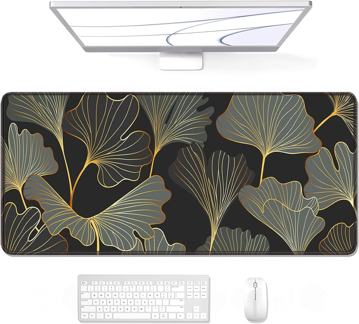 Desk Pad, XL Extended Large Gaming Mouse Pad 31.5 X 11.8 Inch, Waterproof Mousepad with Stitched Edge, Non-Slip Computer Keyboard Laptop Mat for Women Men Office Work, Teal Tropical Leaves