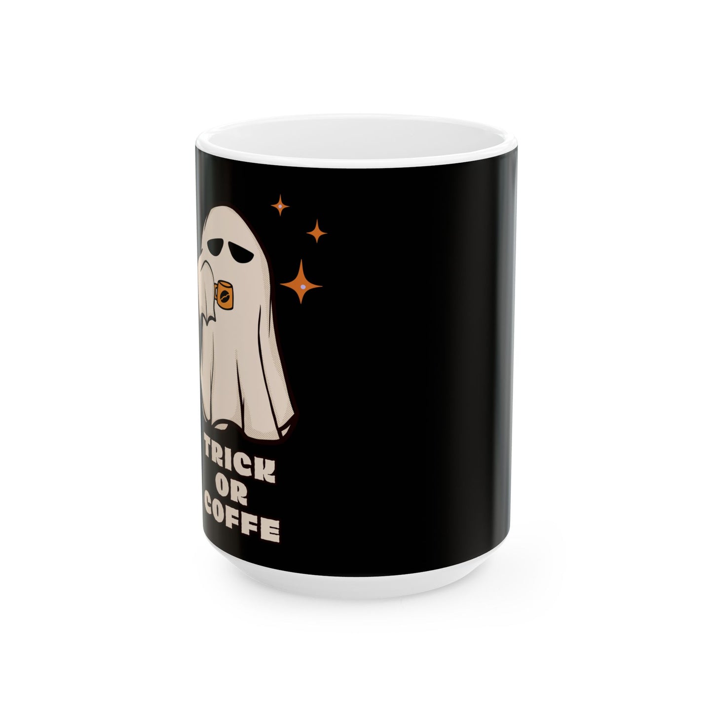 Ghostly Trick or Coffee Ceramic Mug - SpookyHalloween Mug, Coffee Cup, Halloween Gift, Fun Drinkware, Black & White Mug