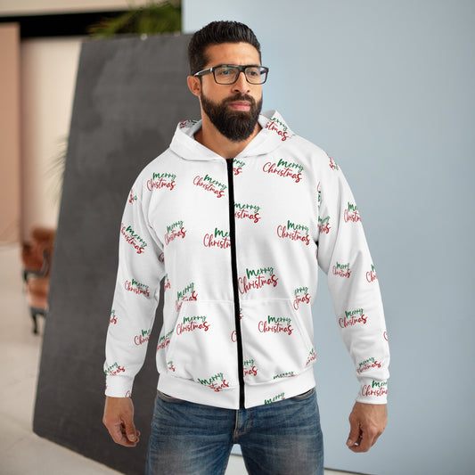 Merry Christmas Unisex Zip Hoodie, Festive Holiday Apparel, Cozy Winter Layer, Gift for Friends and Family, Christmas Outfit
