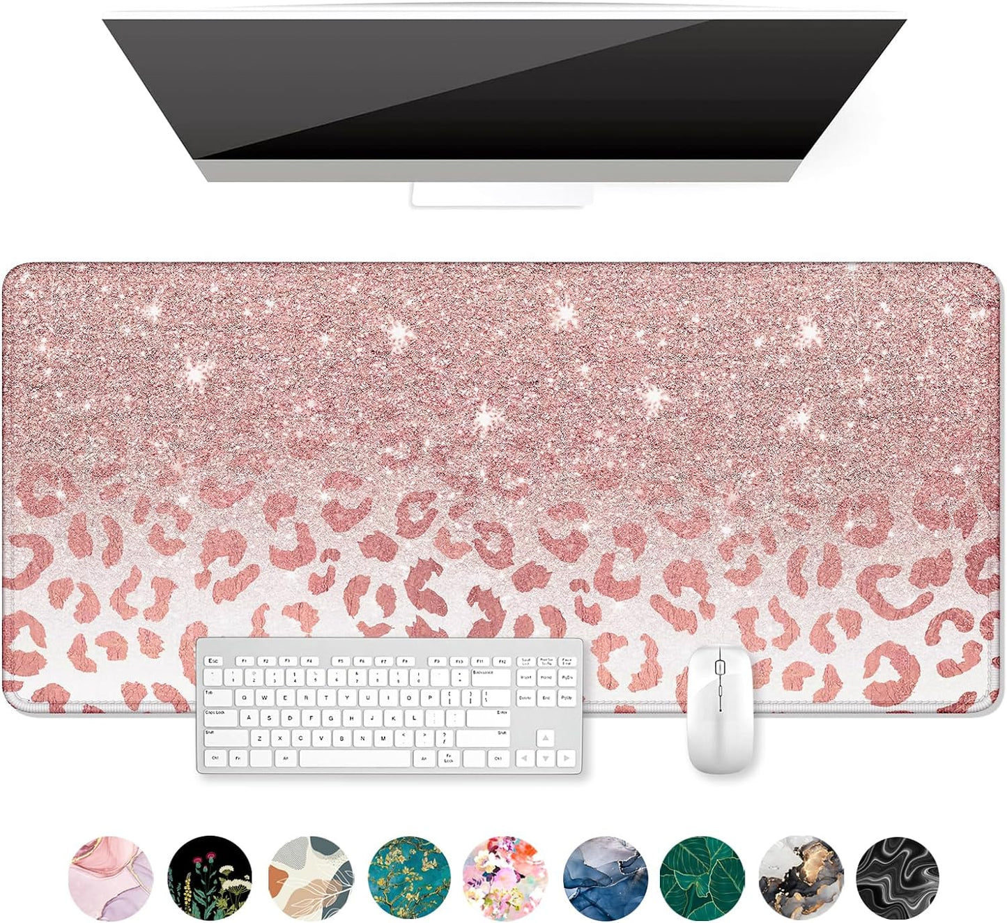 Desk Pad, XL Extended Large Gaming Mouse Pad 31.5 X 11.8 Inch, Waterproof Mousepad with Stitched Edge, Non-Slip Computer Keyboard Laptop Mat for Women Men Office Work, Teal Tropical Leaves