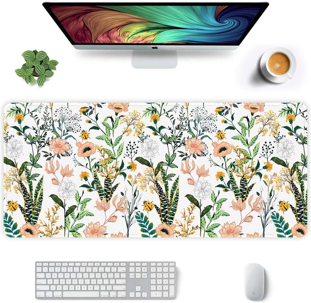 Desk Pad, XL Extended Large Gaming Mouse Pad 31.5 X 11.8 Inch, Waterproof Mousepad with Stitched Edge, Non-Slip Computer Keyboard Laptop Mat for Women Men Office Work, Teal Tropical Leaves