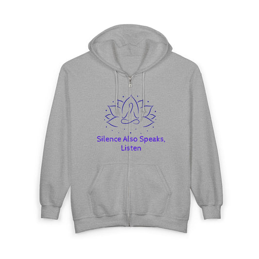 Mindfulness Zip-Up Hoodie with Lotus Design - "Silence Also Speaks, Listen"