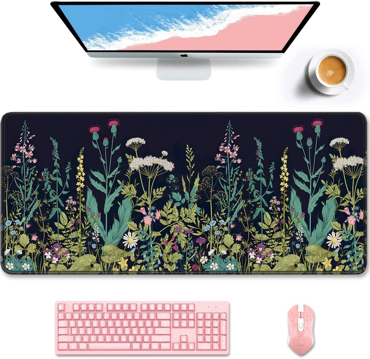 Desk Pad, XL Extended Large Gaming Mouse Pad 31.5 X 11.8 Inch, Waterproof Mousepad with Stitched Edge, Non-Slip Computer Keyboard Laptop Mat for Women Men Office Work, Teal Tropical Leaves