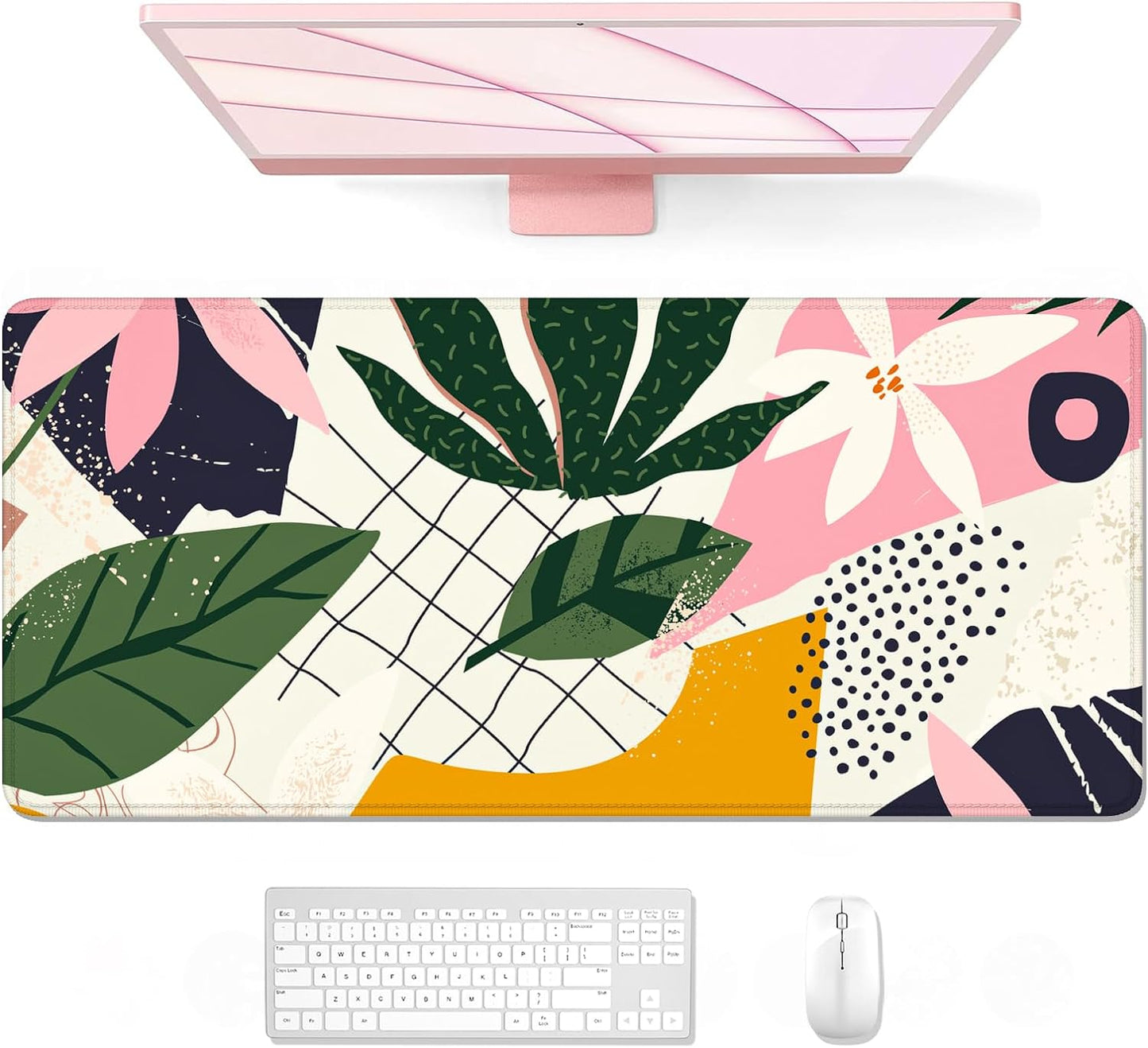 Desk Pad, XL Extended Large Gaming Mouse Pad 31.5 X 11.8 Inch, Waterproof Mousepad with Stitched Edge, Non-Slip Computer Keyboard Laptop Mat for Women Men Office Work, Teal Tropical Leaves