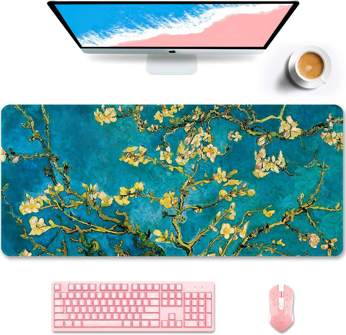 Desk Pad, XL Extended Large Gaming Mouse Pad 31.5 X 11.8 Inch, Waterproof Mousepad with Stitched Edge, Non-Slip Computer Keyboard Laptop Mat for Women Men Office Work, Teal Tropical Leaves