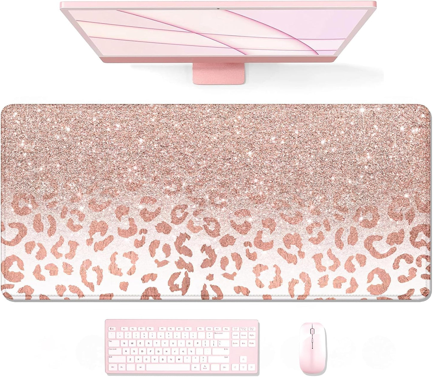 Desk Pad, XL Extended Large Gaming Mouse Pad 31.5 X 11.8 Inch, Waterproof Mousepad with Stitched Edge, Non-Slip Computer Keyboard Laptop Mat for Women Men Office Work, Teal Tropical Leaves