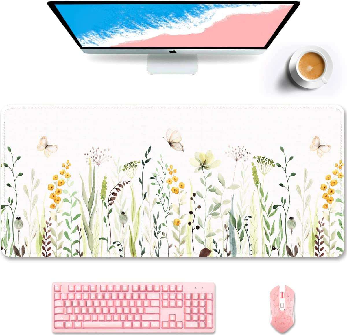 Desk Pad, XL Extended Large Gaming Mouse Pad 31.5 X 11.8 Inch, Waterproof Mousepad with Stitched Edge, Non-Slip Computer Keyboard Laptop Mat for Women Men Office Work, Teal Tropical Leaves