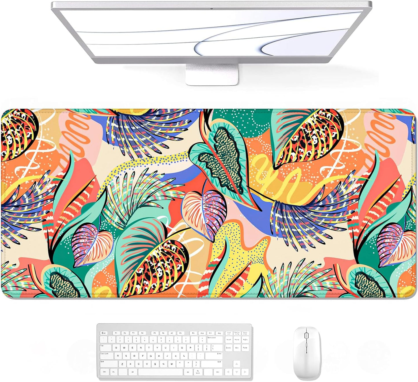 Desk Pad, XL Extended Large Gaming Mouse Pad 31.5 X 11.8 Inch, Waterproof Mousepad with Stitched Edge, Non-Slip Computer Keyboard Laptop Mat for Women Men Office Work, Teal Tropical Leaves