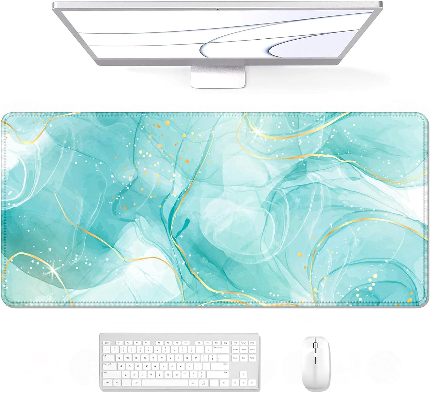 Desk Pad, XL Extended Large Gaming Mouse Pad 31.5 X 11.8 Inch, Waterproof Mousepad with Stitched Edge, Non-Slip Computer Keyboard Laptop Mat for Women Men Office Work, Teal Tropical Leaves