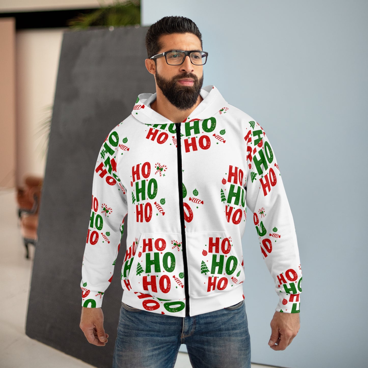"Ho Ho Ho" Christmas All-Over Print Zip Hoodie – Unisex Festive Candy Cane Pattern
