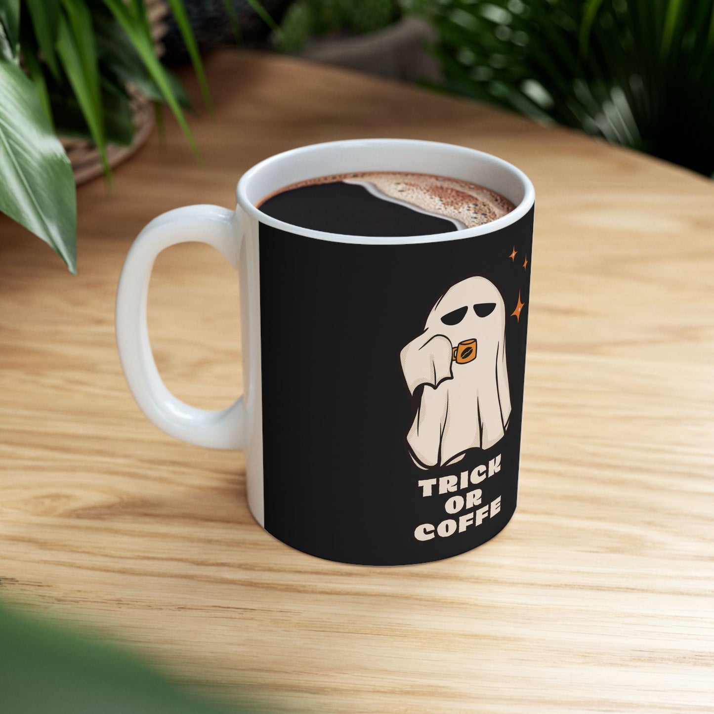 Ghostly Trick or Coffee Ceramic Mug - SpookyHalloween Mug, Coffee Cup, Halloween Gift, Fun Drinkware, Black & White Mug