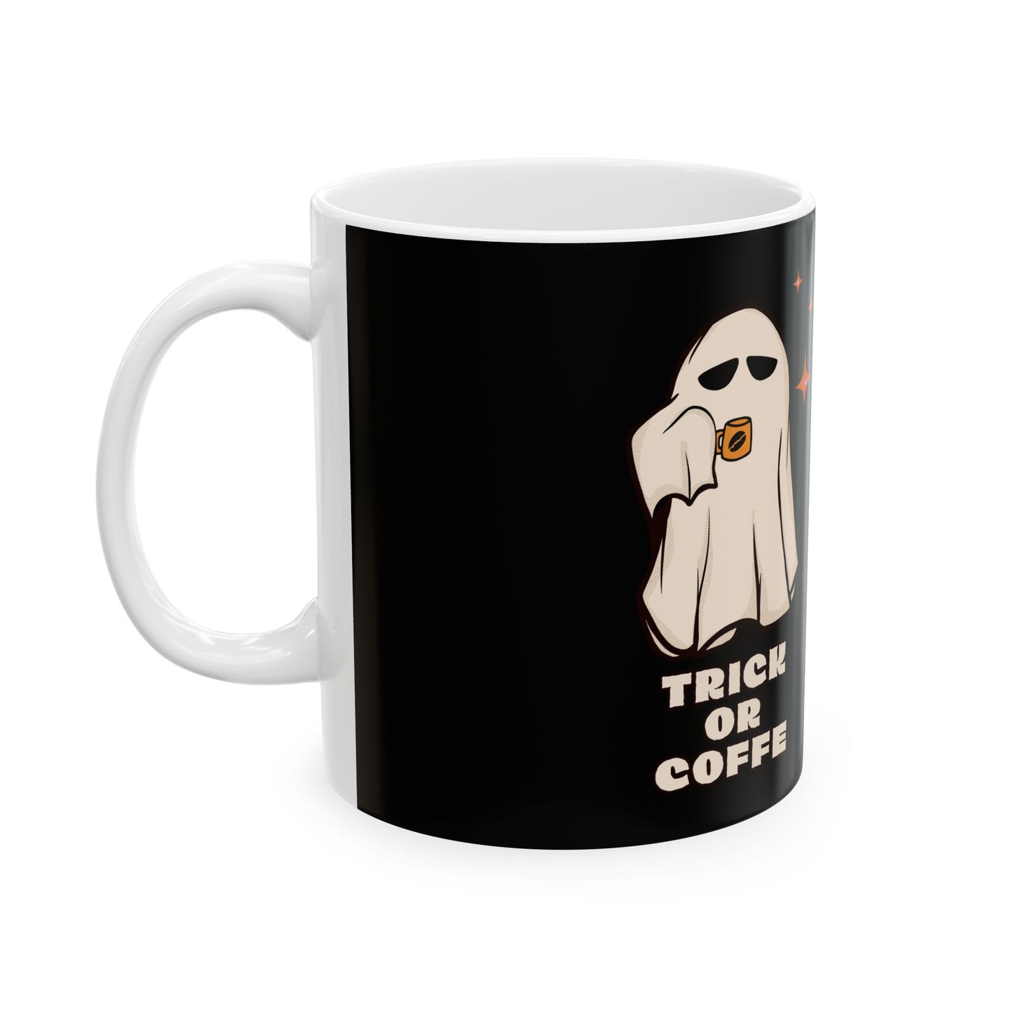 Ghostly Trick or Coffee Ceramic Mug - SpookyHalloween Mug, Coffee Cup, Halloween Gift, Fun Drinkware, Black & White Mug