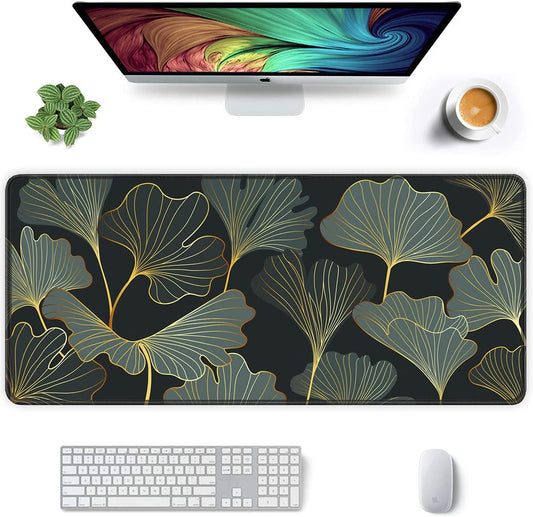Desk Pad, XL Extended Large Gaming Mouse Pad 31.5 X 11.8 Inch, Waterproof Mousepad with Stitched Edge, Non-Slip Computer Keyboard Laptop Mat for Women Men Office Work, Teal Tropical Leaves