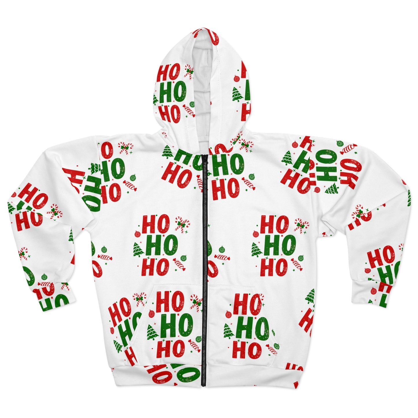 "Ho Ho Ho" Christmas All-Over Print Zip Hoodie – Unisex Festive Candy Cane Pattern