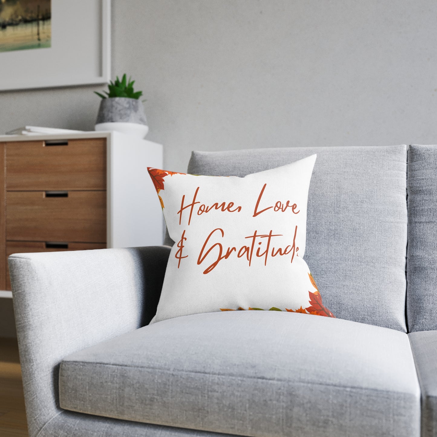 Home Love & Gratitude Square Pillow | Cozy Home Decor, Fall Accent Cushion, Gift for Friends & Family, Autumn Decor