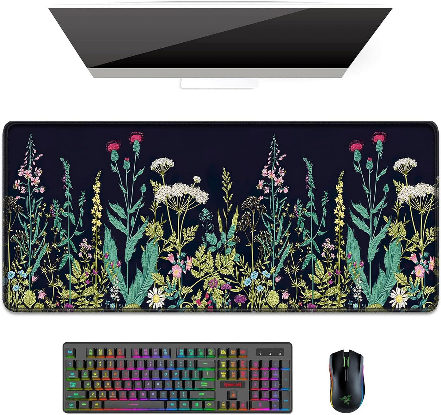 Desk Pad, XL Extended Large Gaming Mouse Pad 31.5 X 11.8 Inch, Waterproof Mousepad with Stitched Edge, Non-Slip Computer Keyboard Laptop Mat for Women Men Office Work, Teal Tropical Leaves