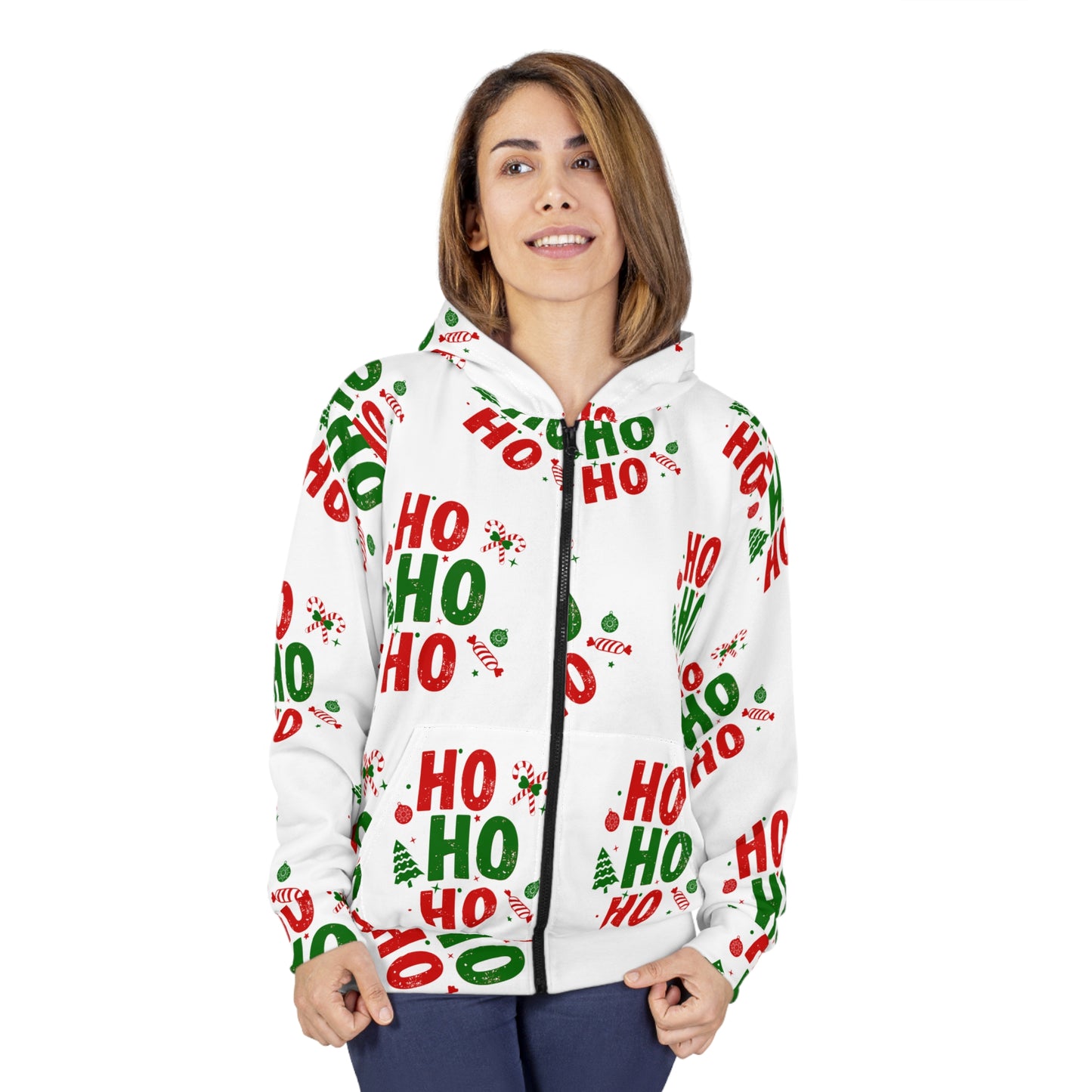 "Ho Ho Ho" Christmas All-Over Print Zip Hoodie – Unisex Festive Candy Cane Pattern