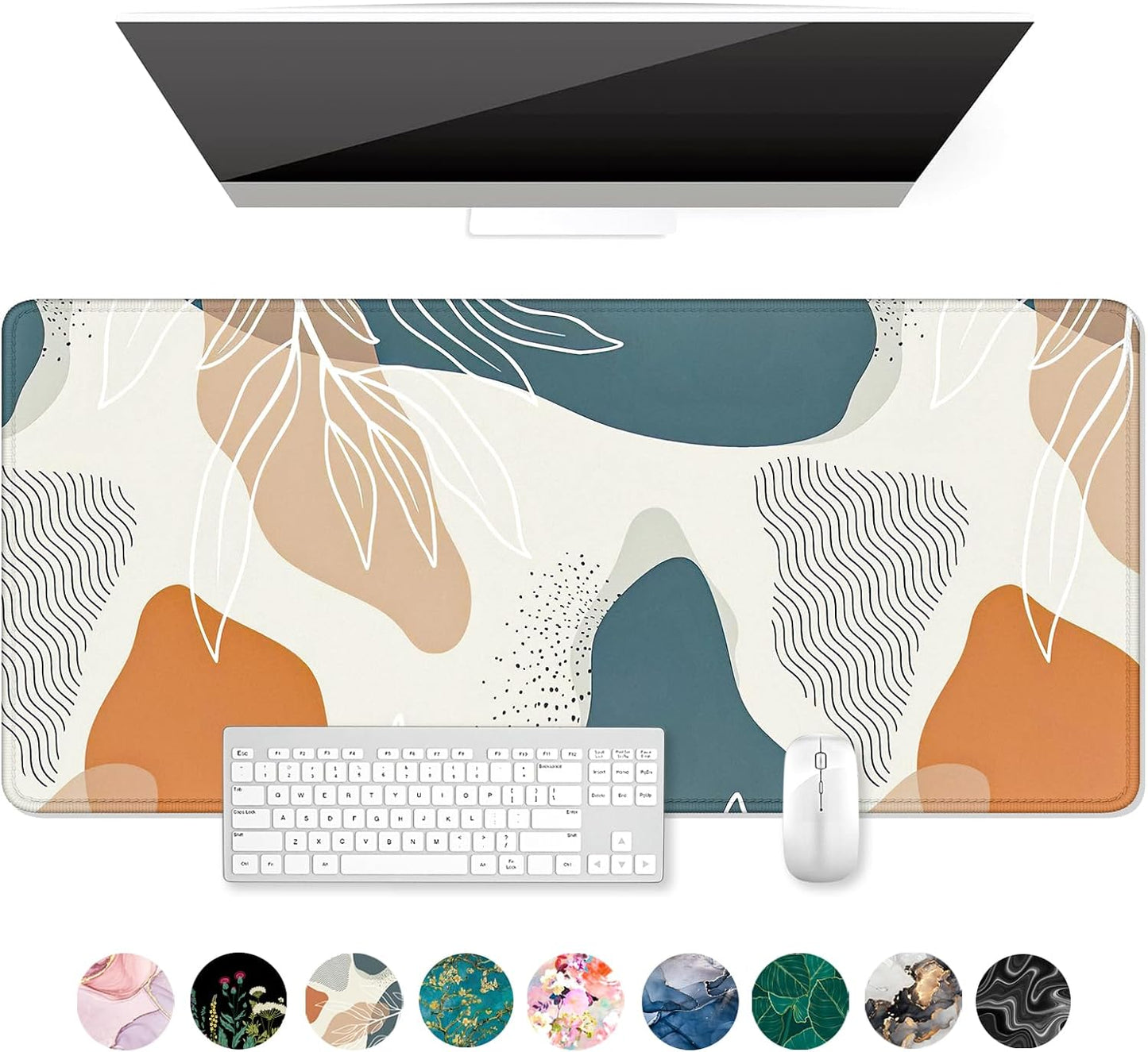 Desk Pad, XL Extended Large Gaming Mouse Pad 31.5 X 11.8 Inch, Waterproof Mousepad with Stitched Edge, Non-Slip Computer Keyboard Laptop Mat for Women Men Office Work, Teal Tropical Leaves