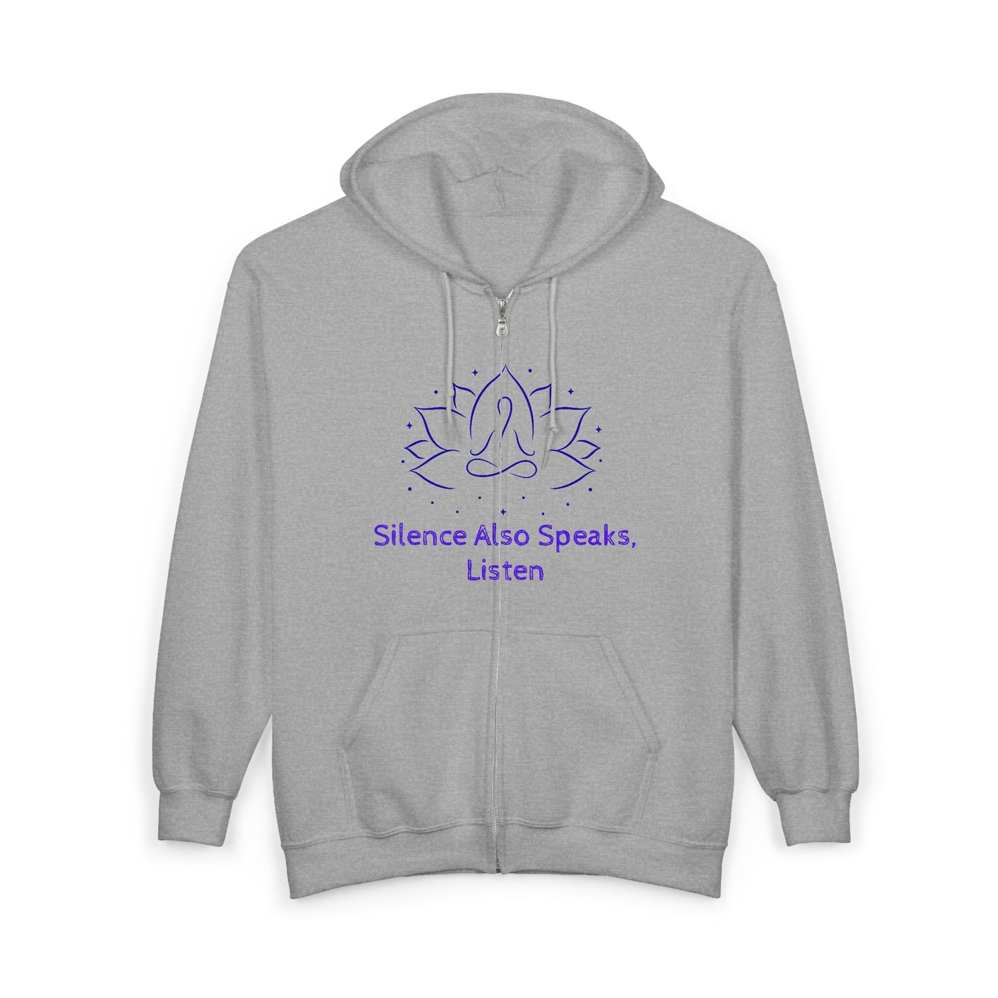 Mindfulness Zip-Up Hoodie with Lotus Design - "Silence Also Speaks, Listen"