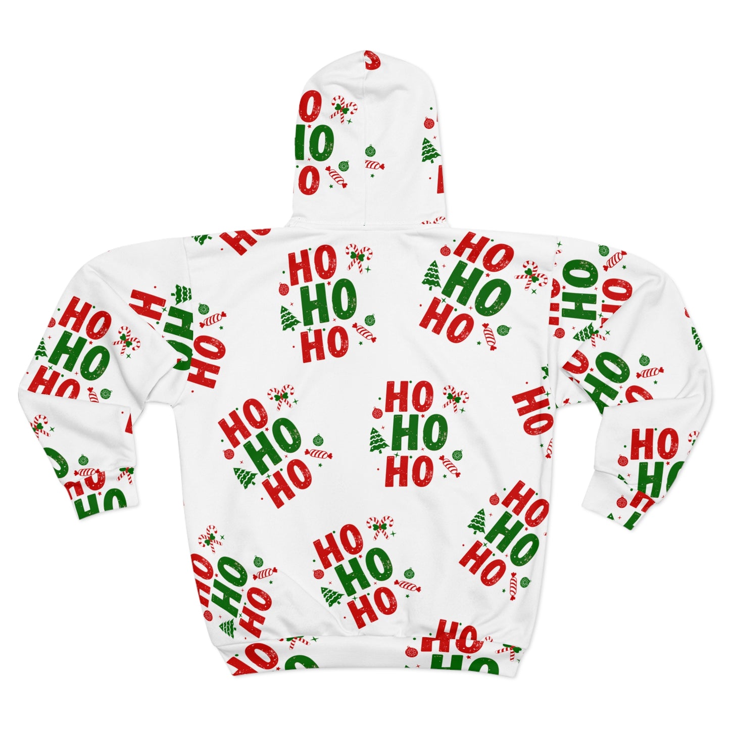 "Ho Ho Ho" Christmas All-Over Print Zip Hoodie – Unisex Festive Candy Cane Pattern