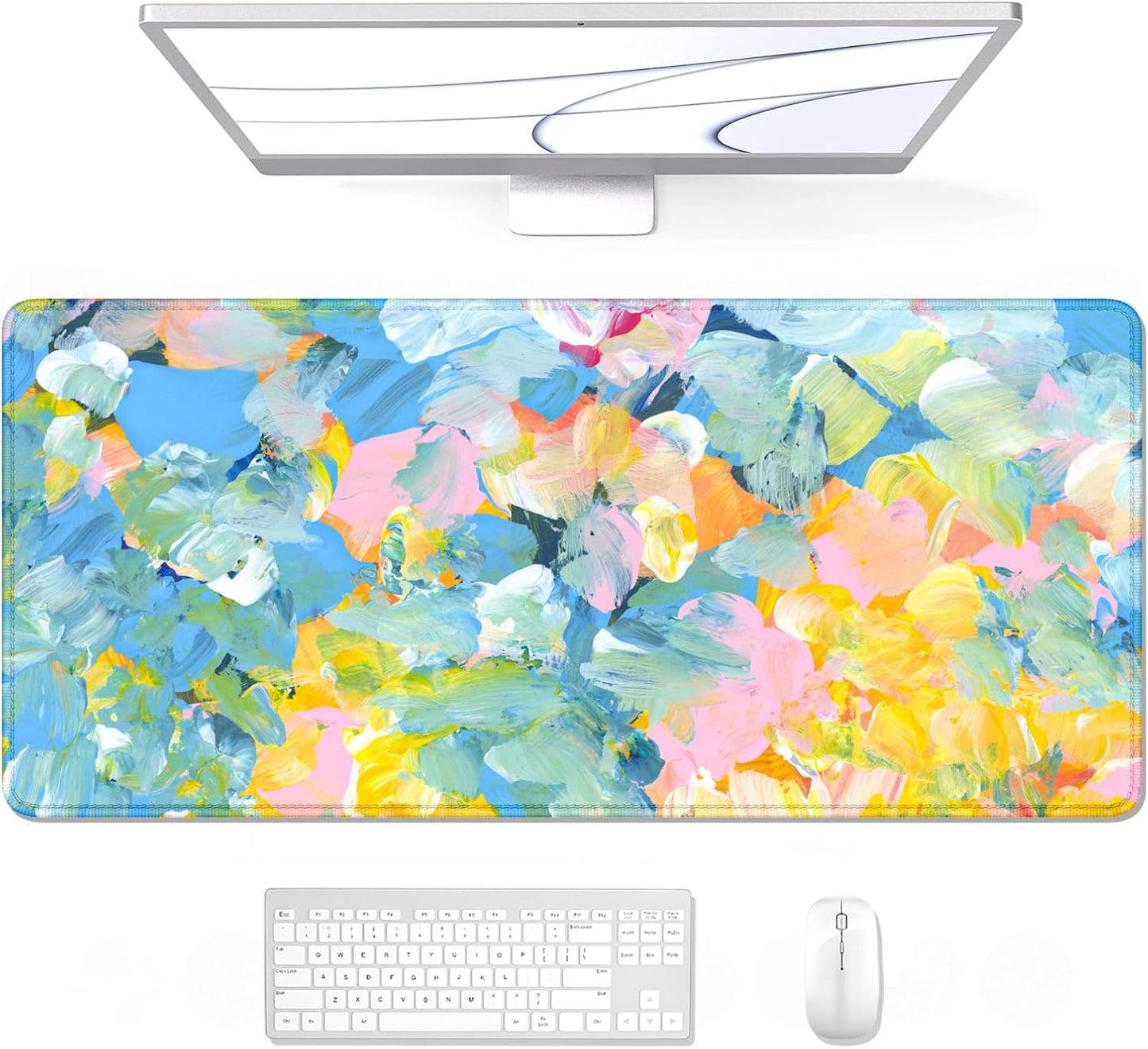 Desk Pad, XL Extended Large Gaming Mouse Pad 31.5 X 11.8 Inch, Waterproof Mousepad with Stitched Edge, Non-Slip Computer Keyboard Laptop Mat for Women Men Office Work, Teal Tropical Leaves