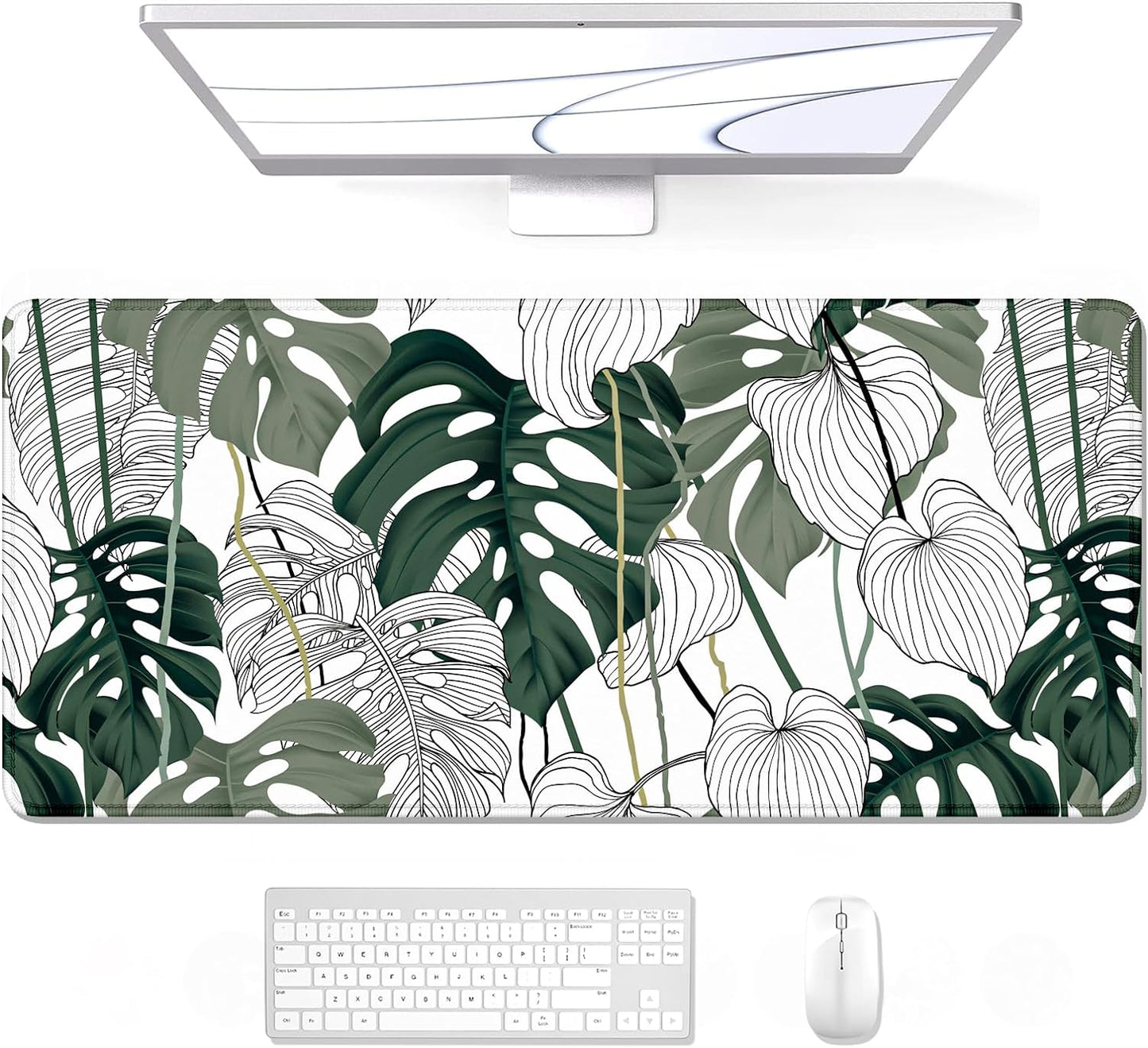 Desk Pad, XL Extended Large Gaming Mouse Pad 31.5 X 11.8 Inch, Waterproof Mousepad with Stitched Edge, Non-Slip Computer Keyboard Laptop Mat for Women Men Office Work, Teal Tropical Leaves