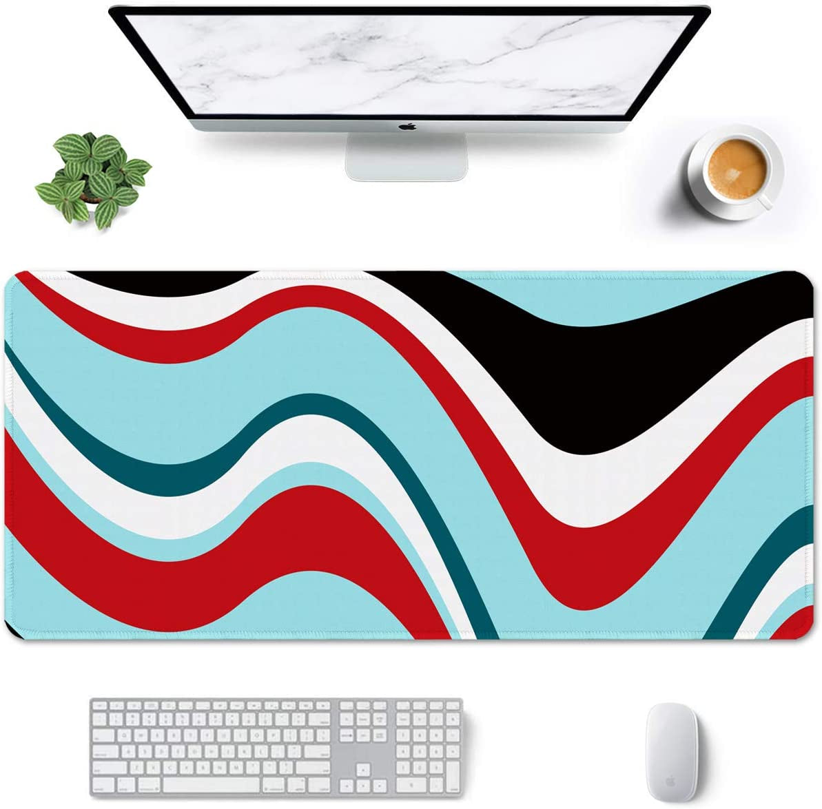 Desk Pad, XL Extended Large Gaming Mouse Pad 31.5 X 11.8 Inch, Waterproof Mousepad with Stitched Edge, Non-Slip Computer Keyboard Laptop Mat for Women Men Office Work, Teal Tropical Leaves